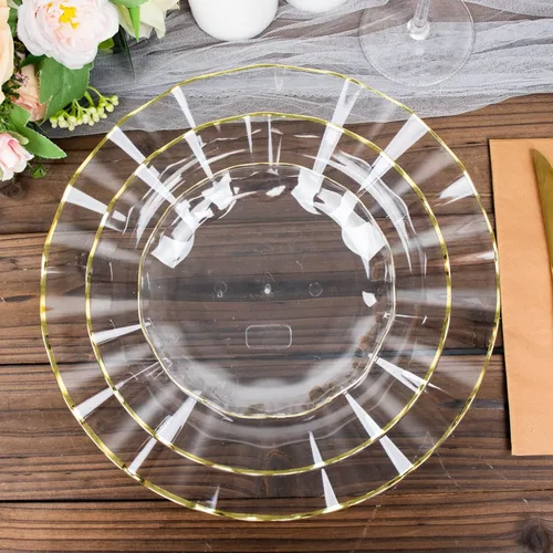 Vista 188 de Tableclothsfactory Paquete de 10 platos redondos de plástico negro de 6 pulgadas para ensalada de postre, platos desechables con borde ondulado