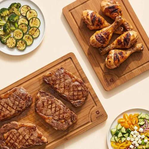 Vista 7 de ROYAL CRAFT WOOD Tablas de cortar de madera para preparar comidas de cocina y servir – Juego de tablas de cortar de bambú no tóxicas con asas Marrón