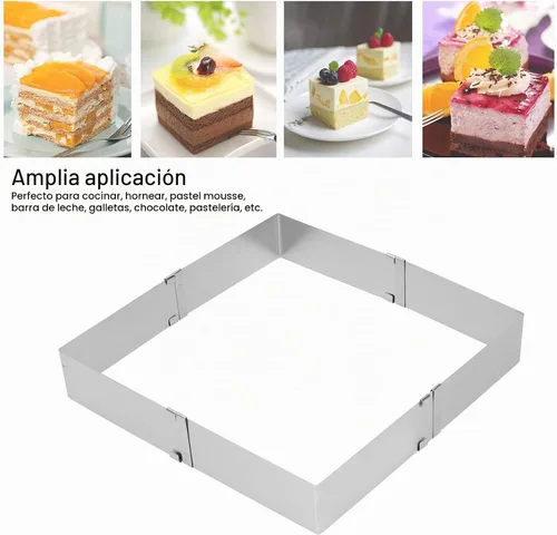 Vista 3 de BORDSTRACT Molde cuadrado ajustable para tartas, rectángulo de acero inoxidable, cortador de estaño para mousse tiramisú (grande (16 ~ 11.0 in)