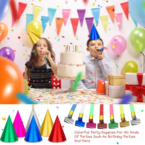 Vista 4 de Sotiff Juego de 200 sombreros y sopladores para fiesta de cumpleaños, cono colorido, sombrero metálico de papel de aluminio para niños y adultos