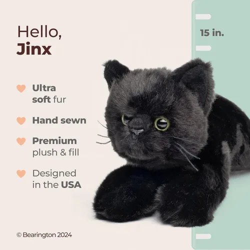 Vista 2 de Bearington Jinx Gato Negro de Peluche - Animal de Peluche de Gato Realista de 15" con Pelaje Suave y Detalles Realistas para Niños Pequeños