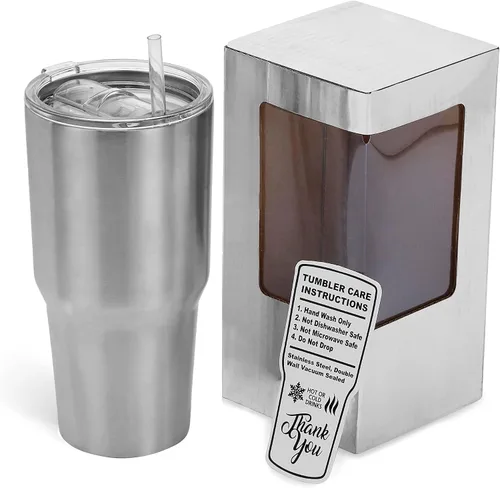 Vista 7 de makerflo Paquete de 25 vasos plateados de acero inoxidable de 30 onzas con tapa y pajilla, listo para manualidades para regalos y personalización