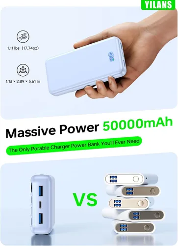 Vista 5 de Portable Charger,50000mAh Power Bank Built-in Cable, 22.5W PD USB C In & Out Fast Charging, External Battery Pack with 6 Output & 2 Input, Travel