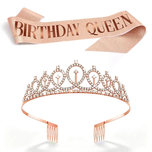 Vista 20 de CAVETEE - Juego de corona y banda de reina de cumpleaños para mujer, banda y tiara de diamantes de imitación, decoraciones de cumpleaños negras Negro