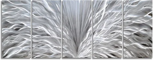 Vista 3 de SYGALLERIER Arte de pared de metal plateado hecho a mano, enorme obra de arte abstracta 3D de aluminio, escultura moderna, imágenes metálicas