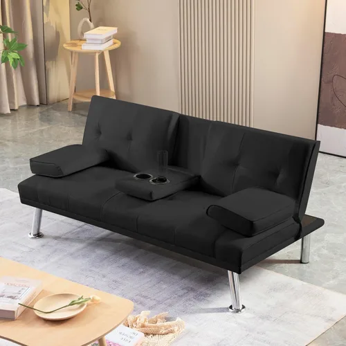 Vista 4 de Anwick Sofá futón de cuero moderno, sofá cama plegable convertible reclinable para espacios pequeños, apartamento, oficina, dormitorio, con Negro