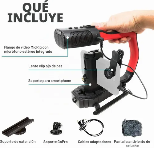 Vista 4 de Movo micrig Extreme Sport Edition – Mango de vídeo con micrófono estéreo integrados, Parabrisas, & Fisheye Lente para iPhone 5, 5 C, 5S, 6, 6s, 7