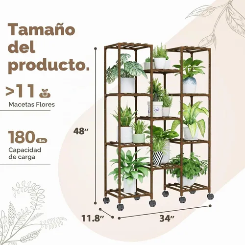 Vista 4 de Bamworld - Soporte para plantas con ruedas de madera para interior y exterior, estante para múltiples plantas con 11 macetas, soporte alto y grande
