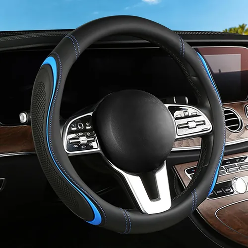 Vista 21 de Funda de cuero para volante de automóvil, material Panapi, universal de 14.5-15 pulgadas, antideslizante, transpirable, fundas para volante