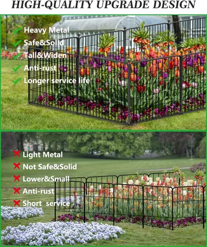 Vista 7 de Valla decorativa de metal negro para jardín con puerta, 4.5 pies de largo x 32 pulgadas de alto, 2 paneles de valla sin excavación, valla de barrera