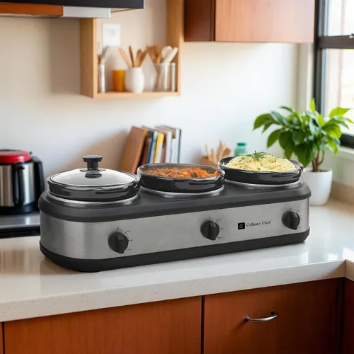 Vista 10 de CULINARY CHEF, triple olla de cocción lenta, servidor de buffet de 2.5 cuartos x 3 ollas, calentador de alimentos - Acero inoxidable