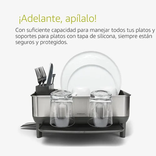 Vista 6 de simplehuman Escurreplatos compacto con marco de acero inoxidable, boquilla giratoria de fácil drenaje de 360º, soporte para utensilios