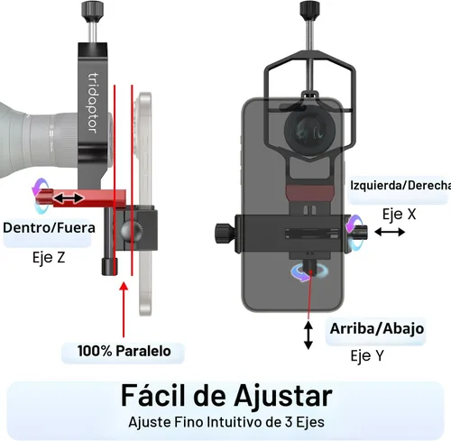 Vista 2 de tridaptor - Adaptador universal para digiscopio de alcance de teléfono, soporte de telescopio de metal XYZ de alta precisión de 3 ejes