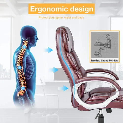 Vista 5 de BestOffice Silla giratoria ergonómica de piel sintética marrón con soporte lumbar, reposabrazos y reposacabezas para uso doméstico u oficina