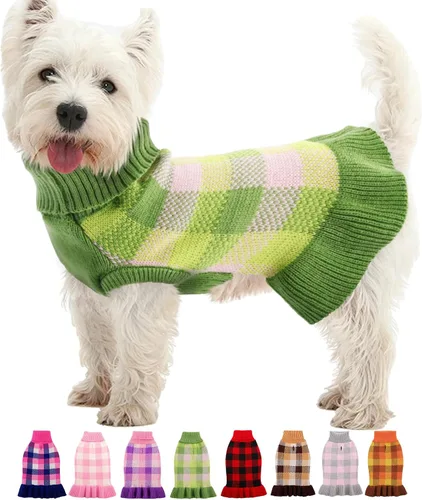 Vista 13 de Vestido suéter para perro, ropa de punto a cuadros para perros pequeños y medianos, cálido pullover de cuello alto elástico para cachorro y mascota