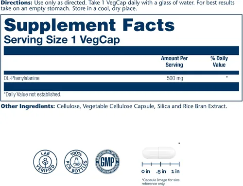 Vista 2 de SOLARAY DL-Phenylalanine Capsule Supplements – 500 mg DLPA, mezcla 50-50 de aminoácidos esenciales para el sistema nervioso y apoyo energético