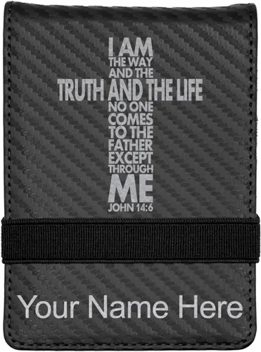 Vista 7 de LaserGram Mini padfolio con bloc de notas y bolígrafo, versículo bíblico John 14-6, grabado personalizado incluido (negro con oro)