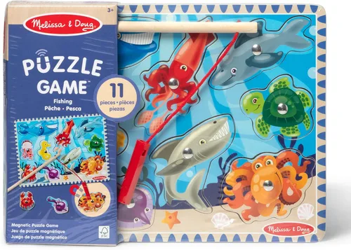 Vista 3 de Melissa & Doug - Juego de pesca magnético de madera y rompecabezas con imanes de animales marinos de madera