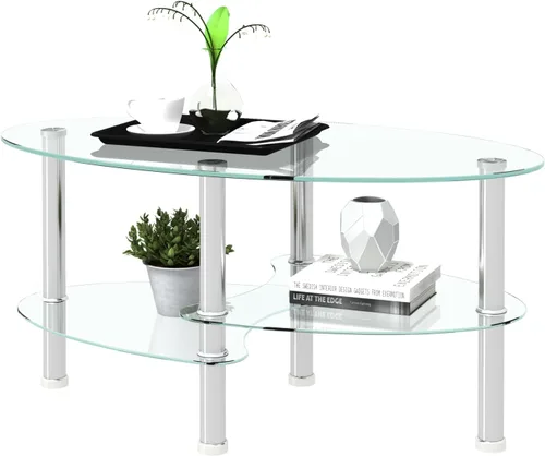 Vista 7 de Mesa de centro de vidrio ovalada, mesa de té de vidrio templado de 3 niveles, moderna mesa auxiliar de vidrio ovalada, mesa de vidrio de 3 capas
