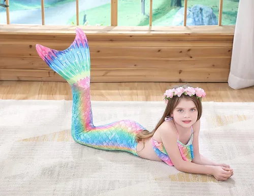 Vista 5 de GALLDEALS Conjunto de bikini de sirena para niñas de 7 a 8 años con monoaleta azul