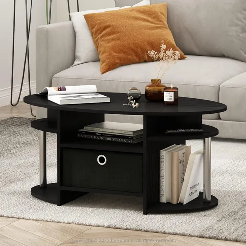 Vista 2 de Furinno Jaya Mesa de Centro Ovalada de Diseño Simple con Contenedor para Sala de Estar, Americano/Cromo/Negro