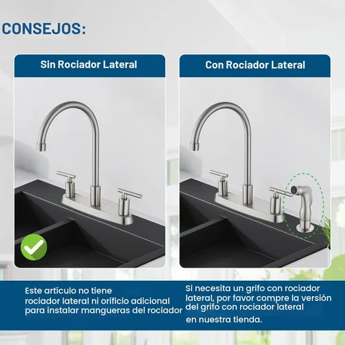 Vista 8 de Grifo de cocina de 2 manijas sin rociador de 2-3 agujeros, níquel