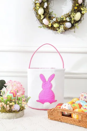 Vista 3 de Cestas de Pascua para niños – Cestas de caza de huevos de Pascua para niños y niñas, bonita cesta de regalo de lona impresa de conejo de lentejuelas