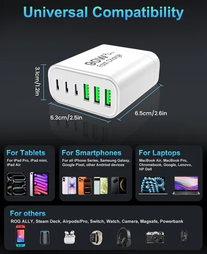 Vista 5 de Bloque de cargador USB C GaN de 90 W, cargador de pared USB C de 6 puertos de carga rápida, adaptador de corriente PD de 45 W para iPhone 17Pro Beige