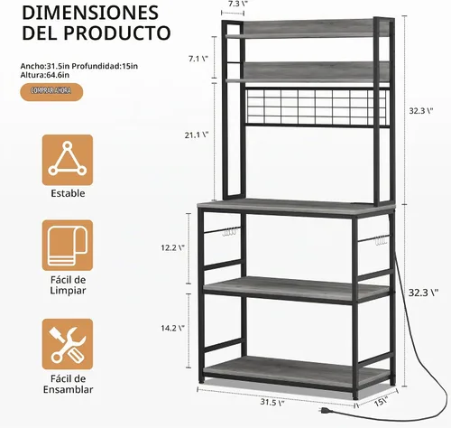 Vista 3 de Shintenchi Estante de panadero con toma de corriente, gran espacio de almacenamiento, 10 ganchos, barra de café con panel de alambre metálico Gris