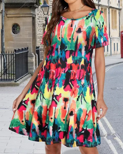 Vista 5 de Vestidos de verano para mujer, informales, holgados, estilo camiseta, florales, de manga corta, con vuelo y bolsillos, para la playa
