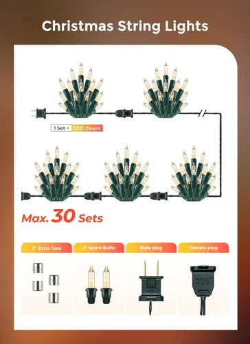 Vista 5 de Minetom Luces LED de Navidad, 20 pies, 100 luces navideñas 2-Alambre blanco y verde puro