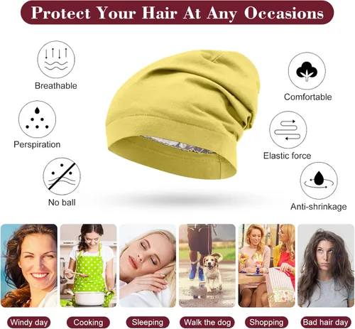 Vista 4 de SATINIOR 6 gorros de dormir con forro de satén para dormir con calavera, gorro de noche para cabello rizado, para mujeres y niñas