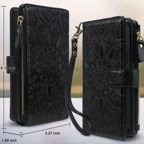 Vista 2 de Harryshell Cartera con cremallera magnética desmontable Funda de cuero con bolsillo para efectivo con ranuras para tarjetas, correa de muñeca