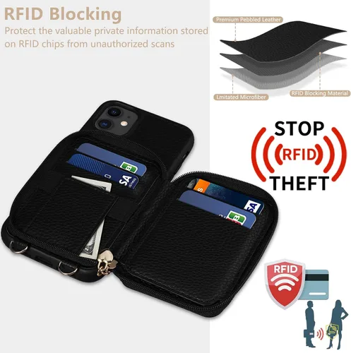 Vista 6 de Funda para iPhone 11 de 6.1 pulgadas, cartera cruzada con cremallera y ranuras para tarjetas de bloqueo RFID, soporte de soporte, cordón desmontable