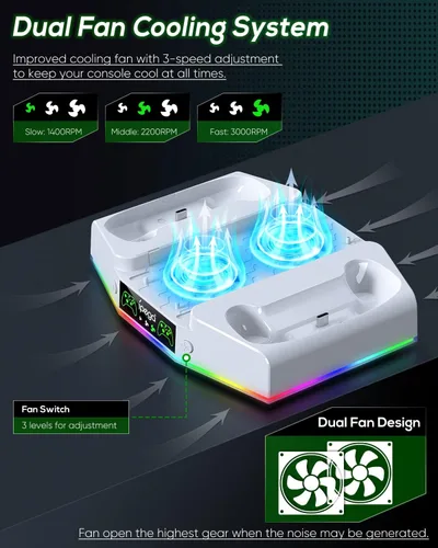 Vista 2 de Soporte de refrigeración y estación de carga para Xbox Series S con tira de luz RGB, cargador dual de controladores y ventilador enfriador