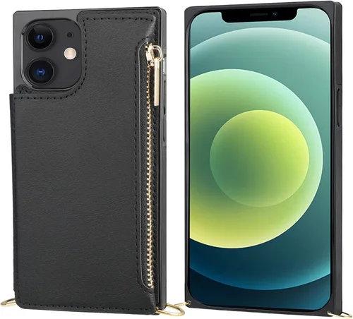 Vista 5 de Bocasal Funda tipo cartera cruzada para iPhone 12 Mini con tarjetero, protector de ranura para tarjetas con cremallera, a prueba de golpes, con Negro