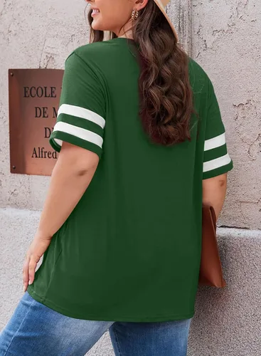 Vista 90 de Eytino Blusas de talla grande para mujer, cuello en V, manga corta, a rayas, casual, holgada, con bolsillo (1X-5X)