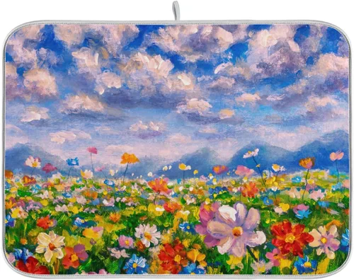 Vista 24 de Tapete de secado de platos de flores de fondo negro para encimera de cocina de 18 x 24 pulgadas, tapete de microfibra absorbente, tapete de secado