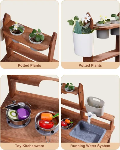 Vista 6 de ROBUD Cocina de barro para niños al aire libre, cocina de madera al aire libre, cocina de barro para niños con fregadero y grifo extraíbles