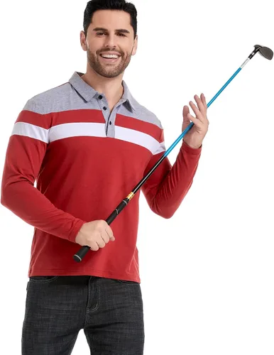Vista 5 de NAVEKULL Camisas polo de manga larga para hombre, camisa casual de algodón, ajustada, camisa con cuello de retazos