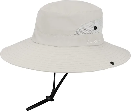 Vista 18 de Sombrero de pesca de playa de ala ancha para mujer, con protección UV, plegable, con agujero para cola de caballo