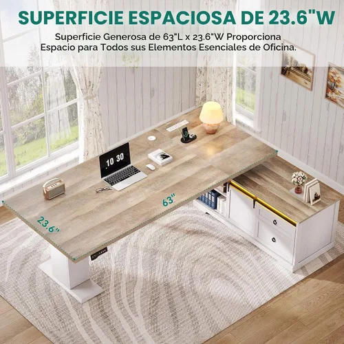 Vista 9 de YITAHOME - Escritorio de pie en forma de L con tomas de corriente y luces LED, 63" Escritorio eléctrico de granja ajustable en altura, estación