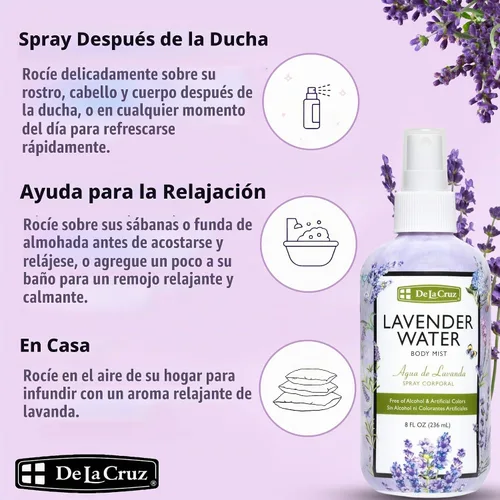Vista 3 de De La Cruz Agua de lavanda para cuerpo y cabello, 8 onzas líquidas