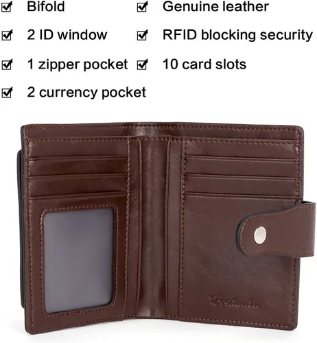 Vista 5 de BOSTANTEN - Billetera de cuero para mujer con bloqueo RFID, pequeña, con cremallera, de bolsillo, para tarjetas, con ventana para documento