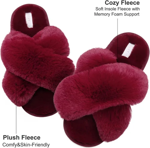 Vista 2 de JIASUQI - Pantuflas cruzadas mullidas y peludas con punta abierta para mujer, con acolchado de espuma viscoelástica