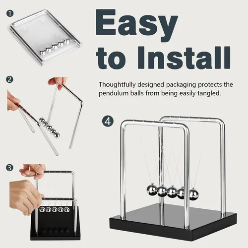 Vista 4 de Newtons Cradle Balance - Péndulo de 5 bolas, base de madera, base de madera, kit de juguetes para aliviar la calma de escritorio, decoración