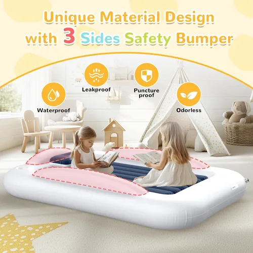 Vista 4 de Cama de viaje inflable para niños pequeños - Cama de viaje portátil para niños con lados de seguridad, juego completo de colchón de aire para niños