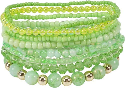 Vista 9 de Caiyao 12 pulseras apilables con cuentas de resina multicapa bohemia, pulseras elásticas de cuentas de cristal de colores, pulseras elásticas de 10