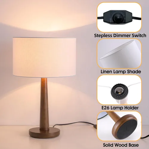 Vista 3 de Lámpara de mesa moderna de 18.5 pulgadas con base de madera de nogal, lámpara de escritorio regulable con certificación UL y mesita de noche