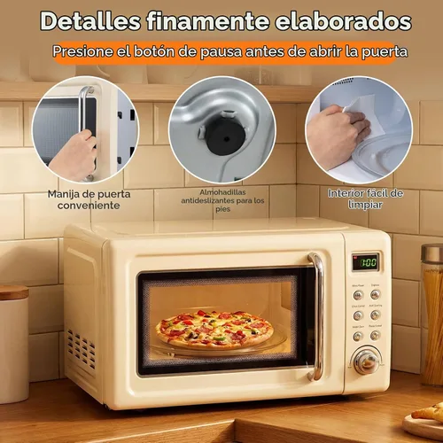 Vista 9 de SIMOE Horno microondas retro crema, 0.7 pies cúbicos microondas compacto de encimera, microondas pequeño de 700 W con pantalla LED, bloqueo